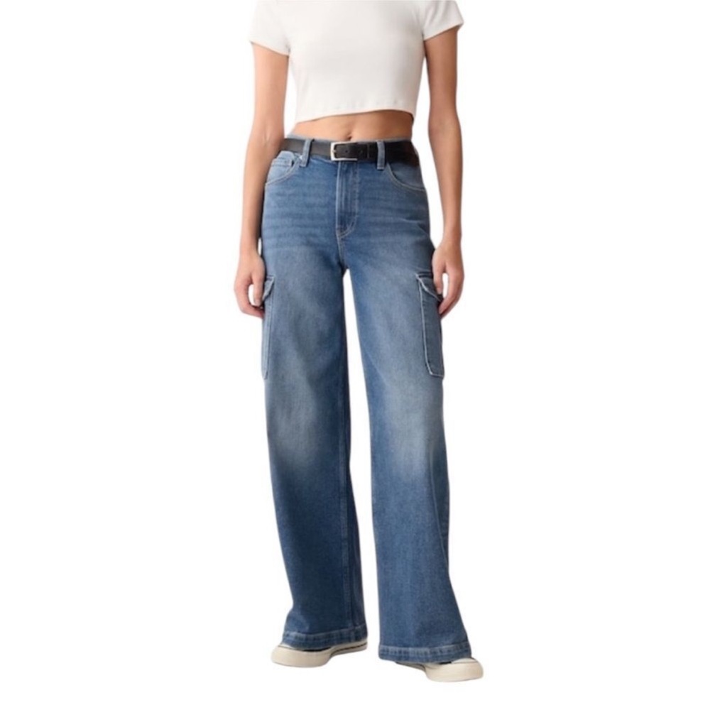 GAP Medium Wash High Rise Stride Wide-Leg Cargo Jeans 30 Tall 30T